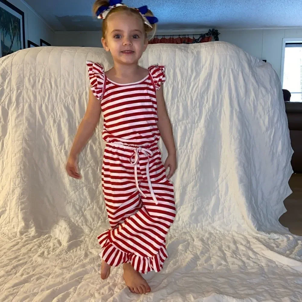 92. Girls Red/White Stripe drawstring Romper